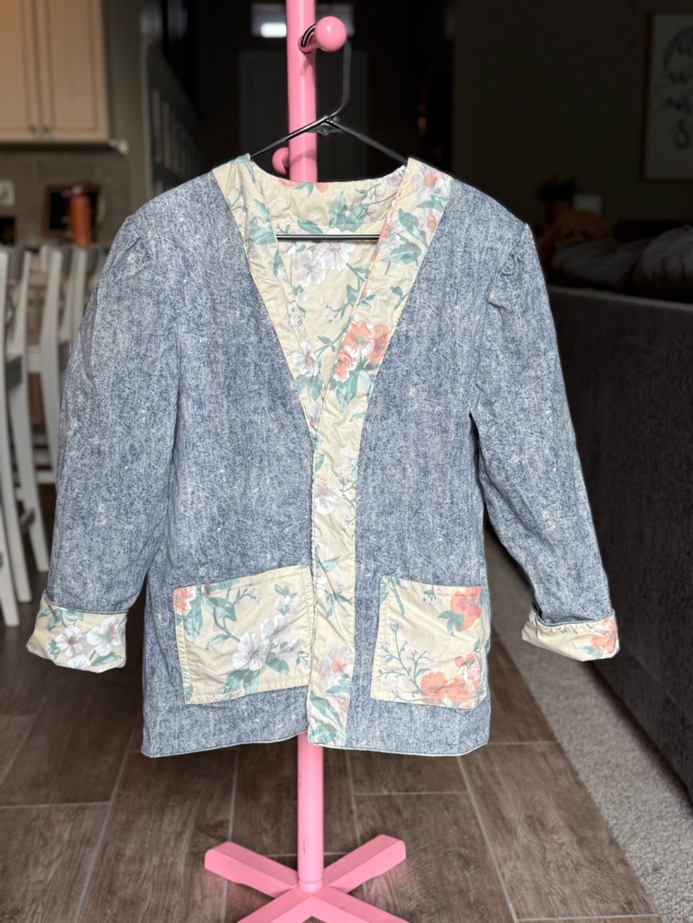 Vintage 90s Floral Trim Denim Look Jacket Cottagecore Teacher Aesthetic